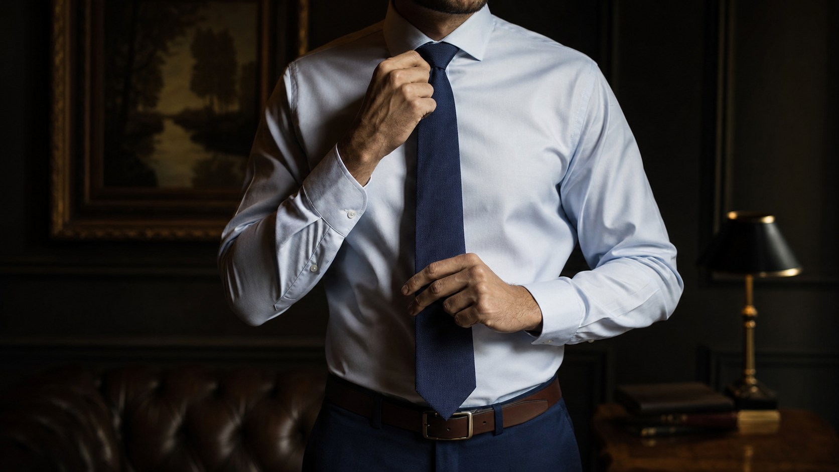 Pulling knot up to collar, tip reaching belt buckle level